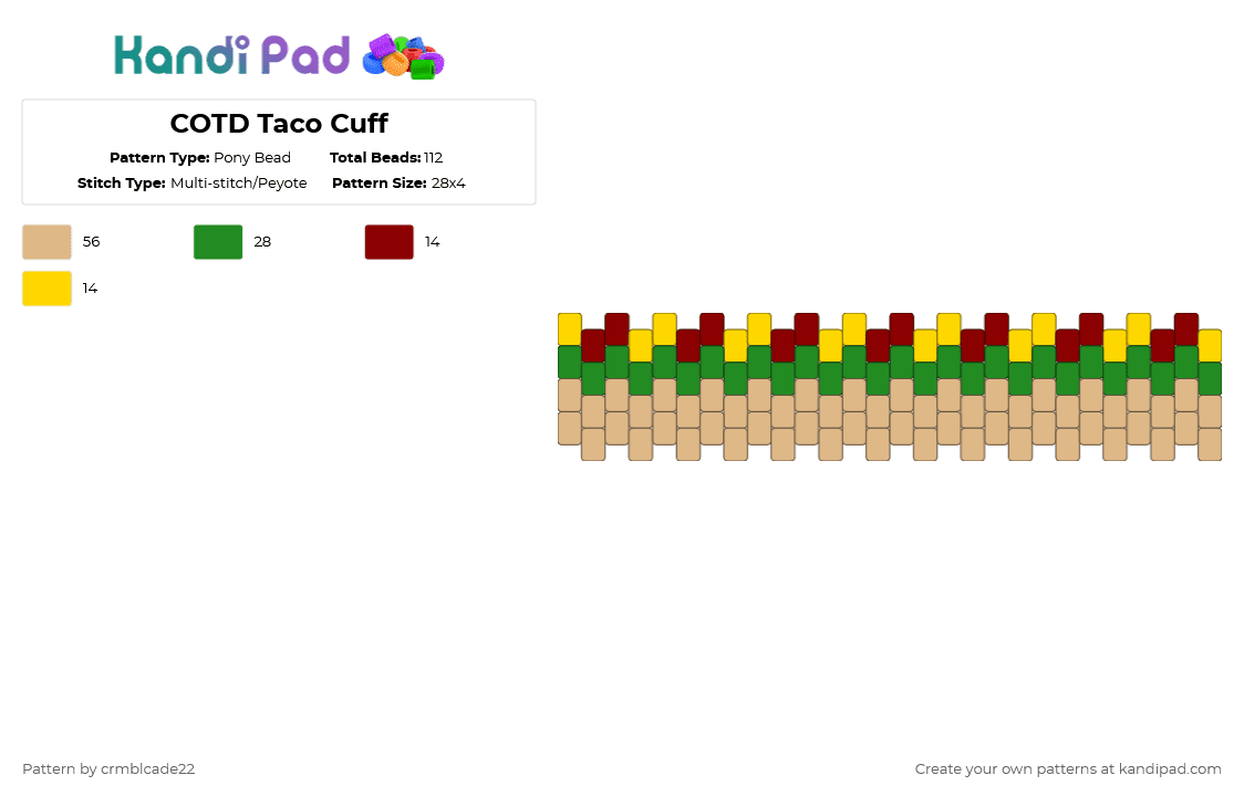 COTD Taco Cuff - Pony Bead Pattern by crmblcade22 on Kandi Pad - beige,green,cotdtacos,taco,cuff