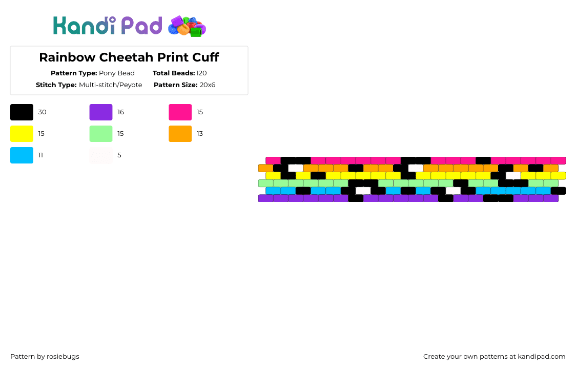 Rainbow Cheetah Print Cuff - Pony Bead Pattern by rosiebugs on Kandi Pad - orange,teal,colorful,rainbow,cheetah,cheetah print,horizontal,cuff,scene