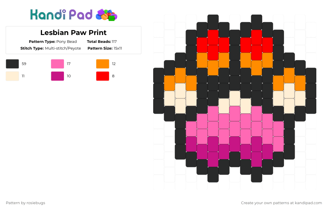 Lesbian Paw Print - Pony Bead Pattern by rosiebugs on Kandi Pad - black,pink,lesbian,paw,furry,pride,print,charm,flat charm,peyote