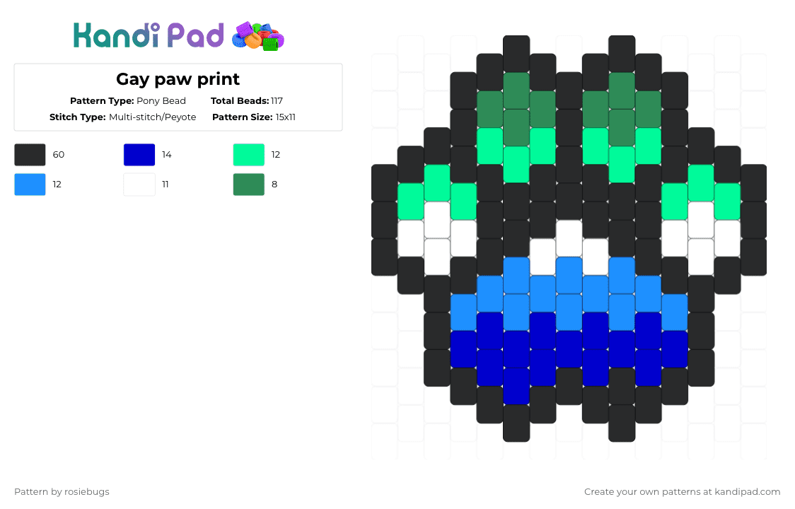 Gay paw print - Pony Bead Pattern by rosiebugs on Kandi Pad - black,teal,light blue,purple