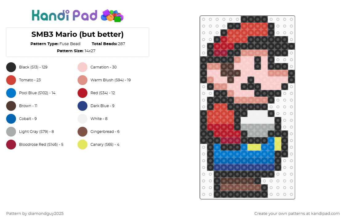 SMB3 Mario (but better) - Fuse Bead Pattern by diamondguy2025 on Kandi Pad - mario,super mario bros 3,video game,gaming,nintendo,black,blue,red,beige