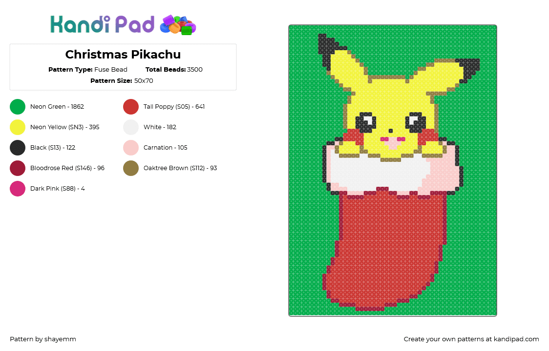 Christmas Pikachu - Fuse Bead Pattern by shayemm on Kandi Pad - red,green