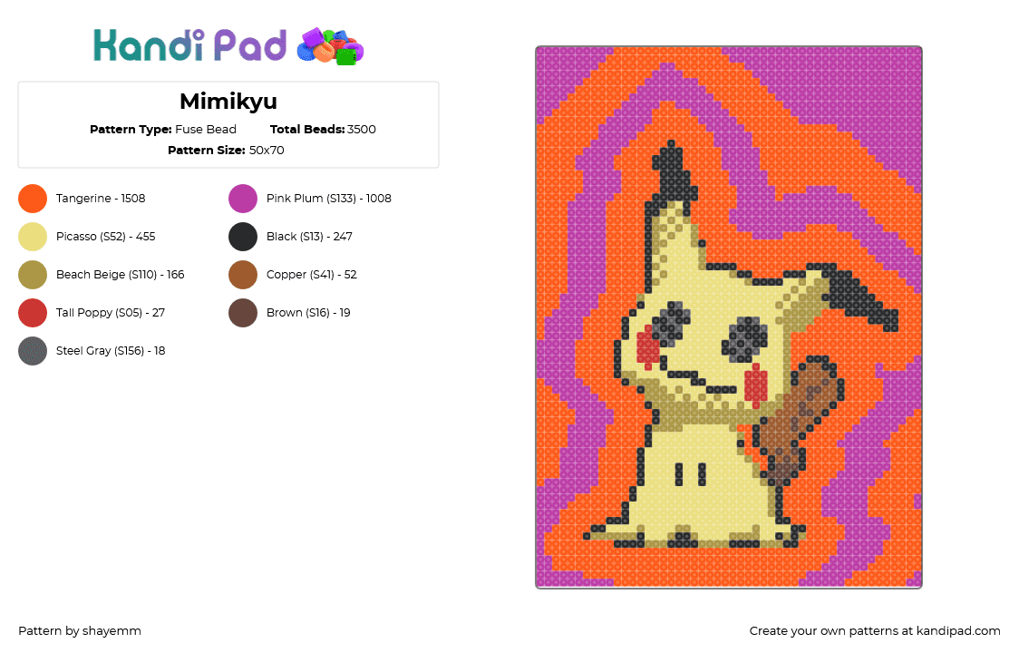 Mimikyu - Fuse Bead Pattern by shayemm on Kandi Pad - yellow,pink,orange