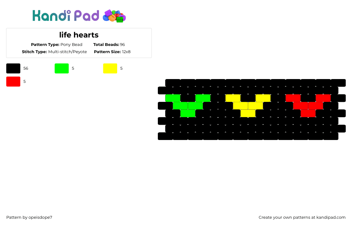 life hearts - Pony Bead Pattern by opeisdope7 on Kandi Pad - black,green,yellow,red,grian,lifeseries,hermitcraft,gtwscar