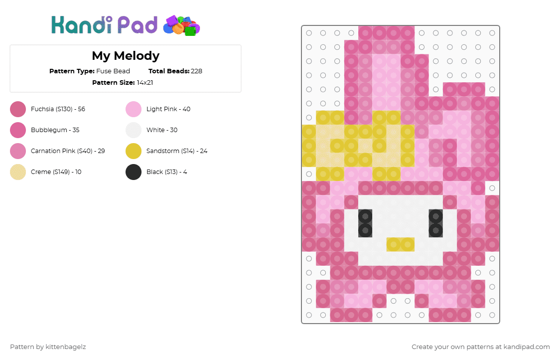 My Melody - Fuse Bead Pattern by kittenbagelz on Kandi Pad - pink,sanrio,my melody,kawaii