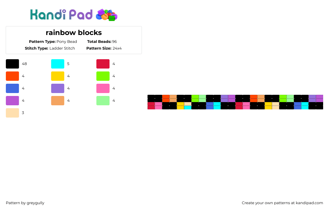 rainbow blocks - Pony Bead Pattern by greygully on Kandi Pad - black,red,pink,light blue