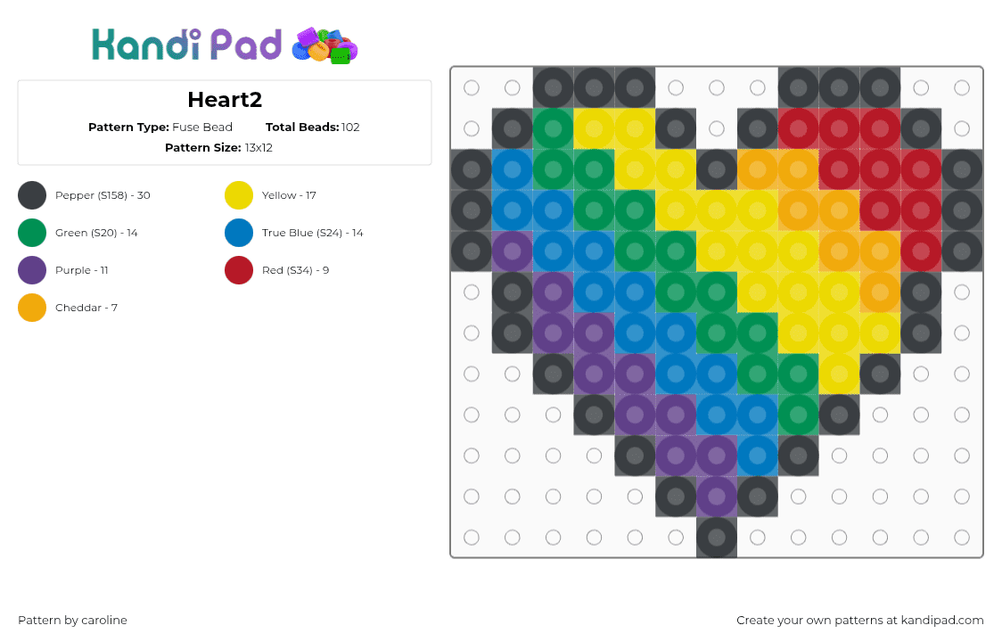 Heart2 - Fuse Bead Pattern by caroline on Kandi Pad - yellow,green,blue,purple