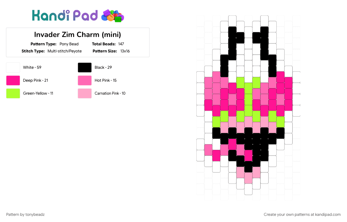 Invader Zim Charm (mini) - Pony Bead Pattern by tonybeadz on Kandi Pad - alien, invader zim, pink, zim