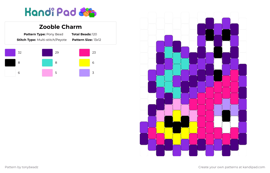 Zooble Charm - Pony Bead Pattern by tonybeadz on Kandi Pad - pink,purple