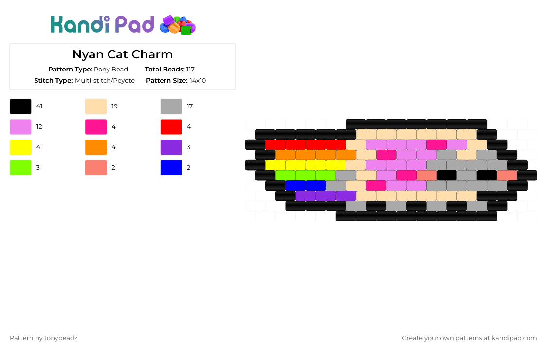 Nyan Cat Charm - Pony Bead Pattern by tonybeadz on Kandi Pad - beige,pink,nyan cat,rainbow,cat,meme