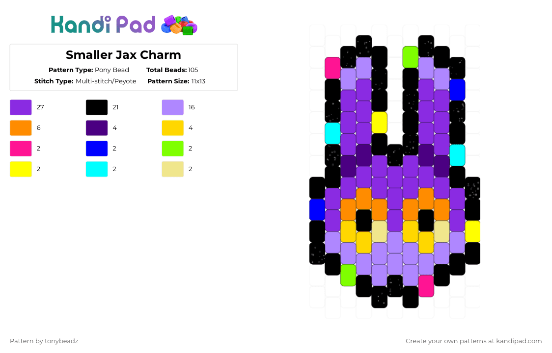 Smaller Jax Charm - Pony Bead Pattern by tonybeadz on Kandi Pad - purple,pink