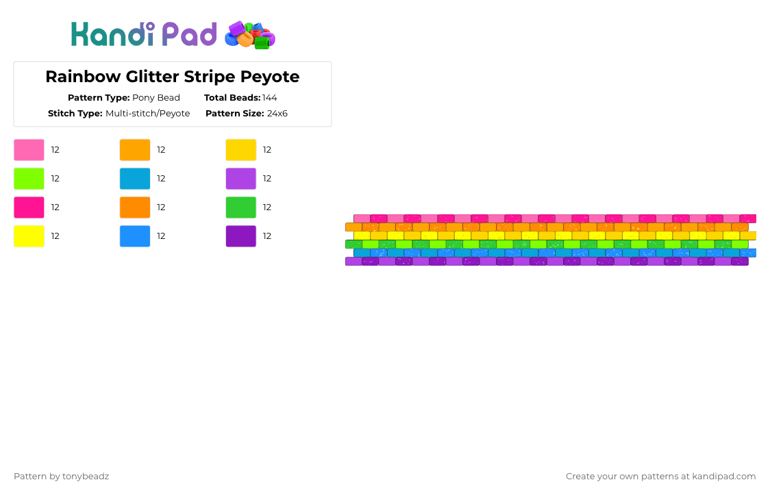 Rainbow Glitter Stripe Peyote - Pony Bead Pattern by tonybeadz on Kandi Pad - orange,green,purple,colorful