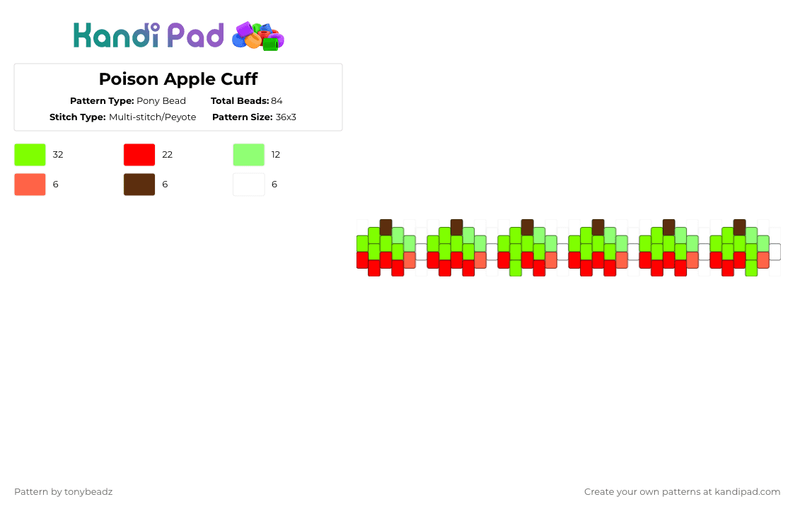 Poison Apple Cuff - Pony Bead Pattern by tonybeadz on Kandi Pad - green,red