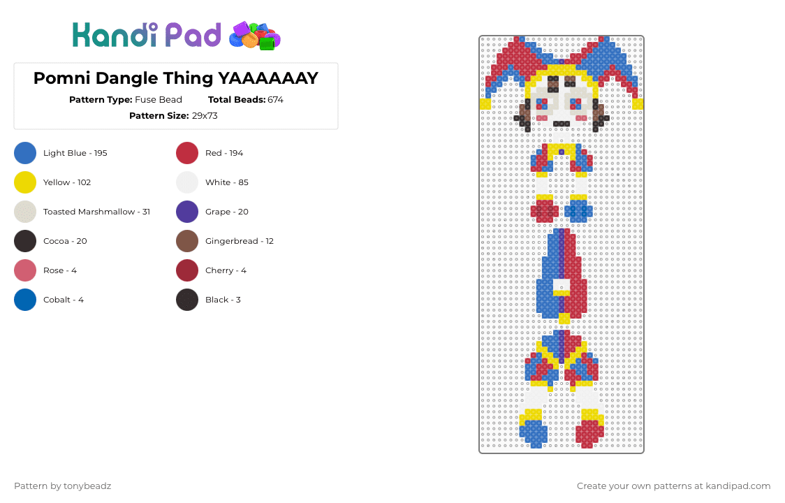 Pomni Dangle Thing YAAAAAAY - Fuse Bead Pattern by tonybeadz on Kandi Pad - red,blue,yellow