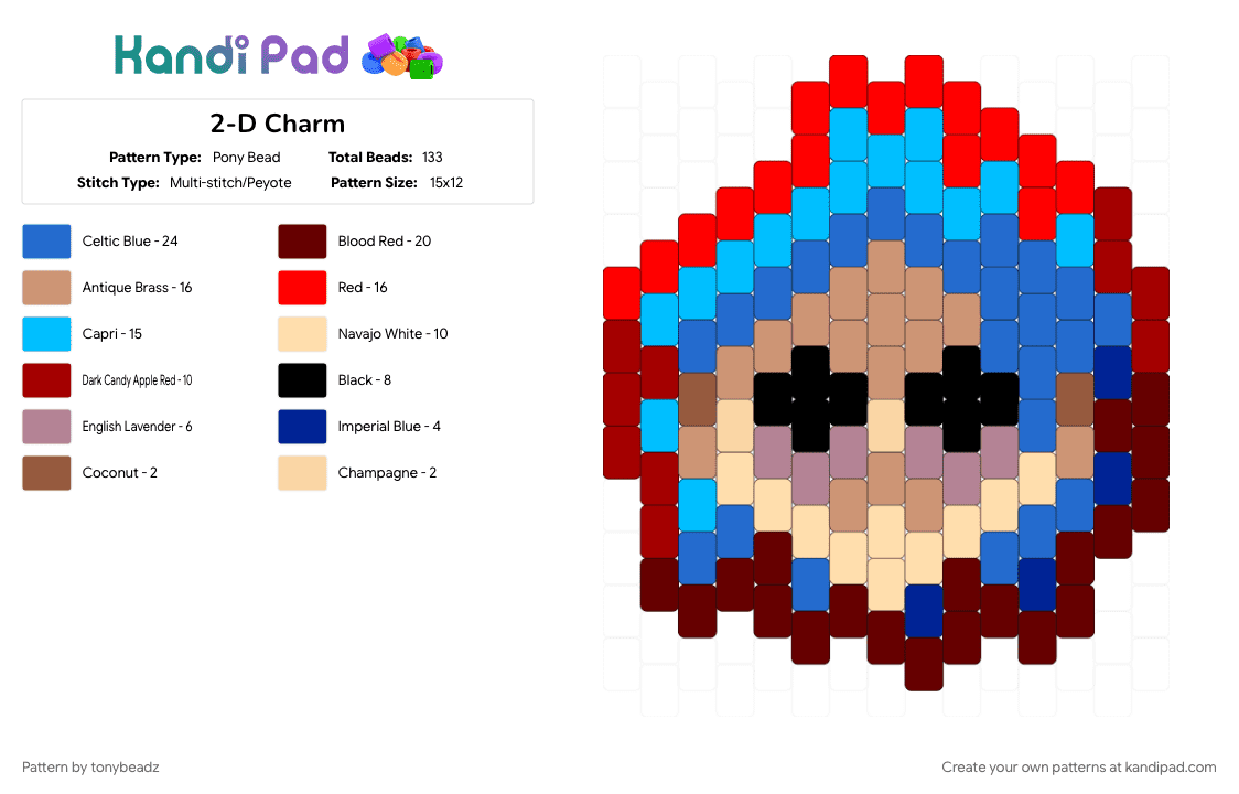 2-D Charm - Pony Bead Pattern by tonybeadz on Kandi Pad - 2d, 2d gorillaz, beige, blue, brown, character, colorful, gorillaz, music, red