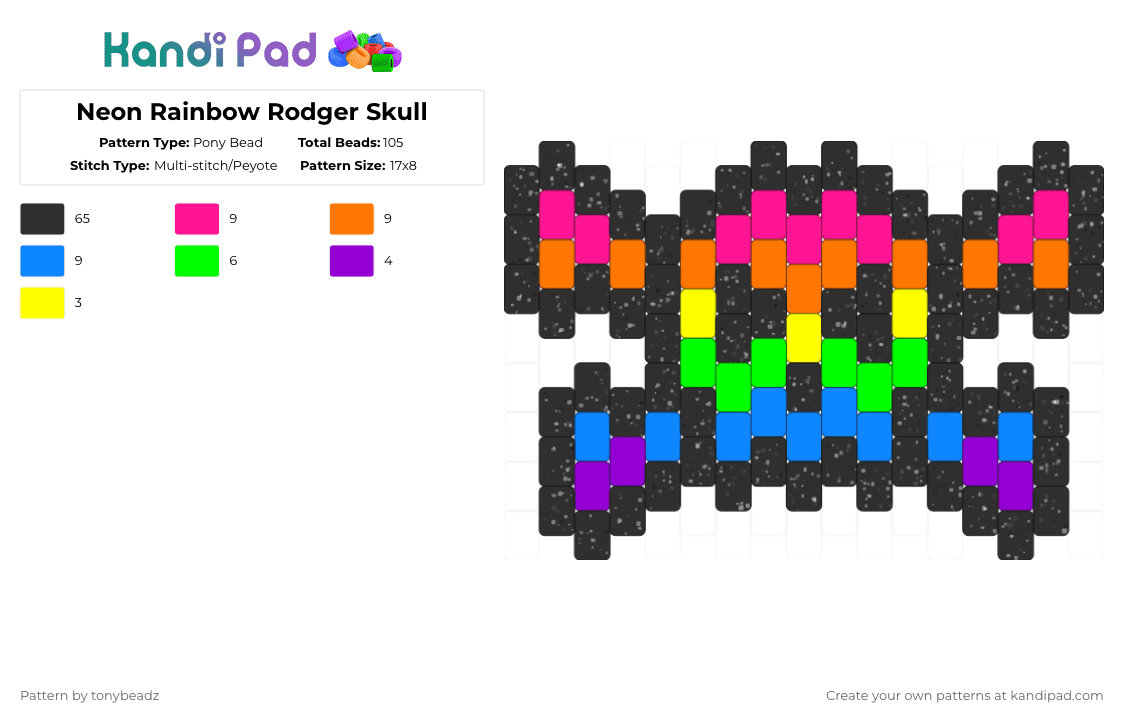 Neon Rainbow Rodger Skull - Pony Bead Pattern by tonybeadz on Kandi Pad - jolly roger,neon,skull,rodger,rainbow,halloween,spooky,colorful,black,pink,orange,blue