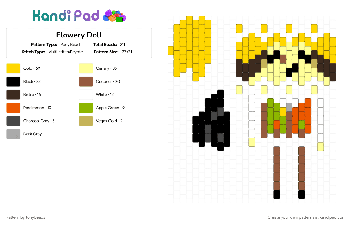 Flowery Doll - Pony Bead Pattern by tonybeadz on Kandi Pad - 3d, deltarune, deltarune chapter 5, doll, flowery, jarona, toby fox, utdr, yellow