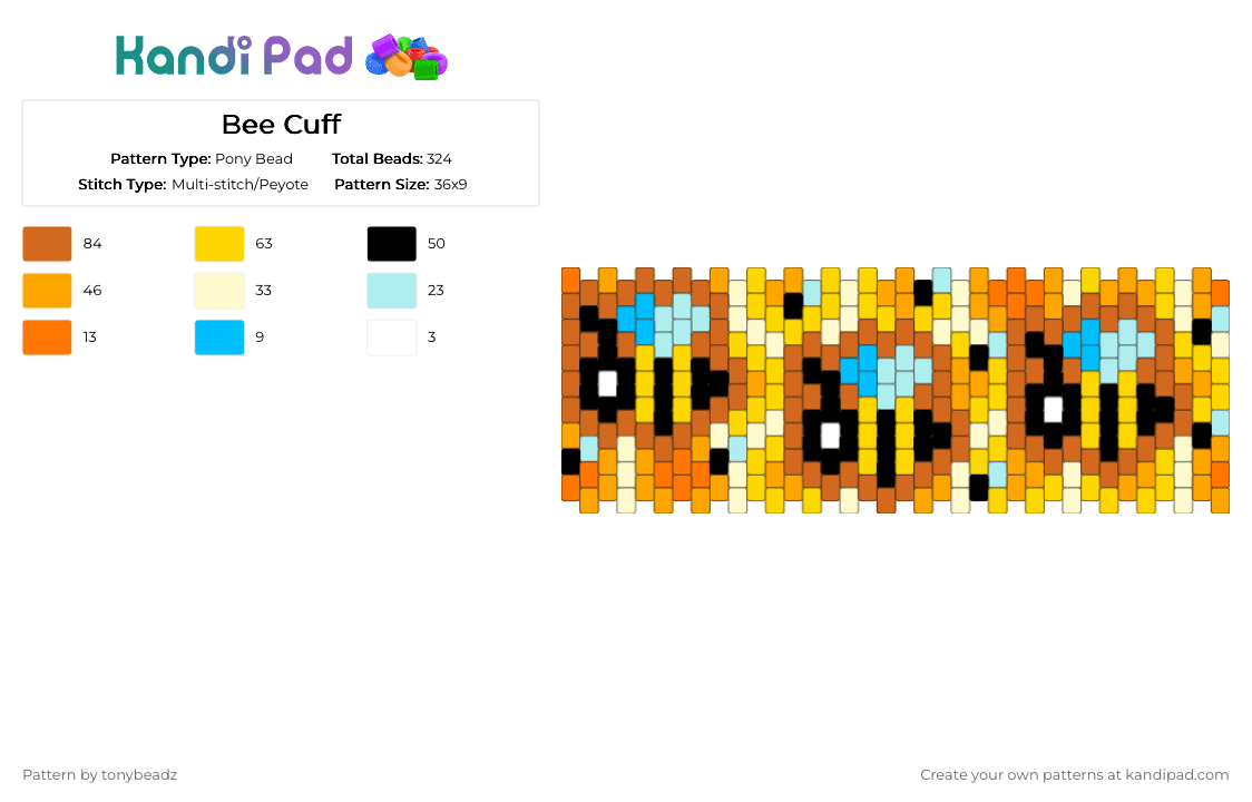 Bee Cuff - Pony Bead Pattern by tonybeadz on Kandi Pad - orange,yellow