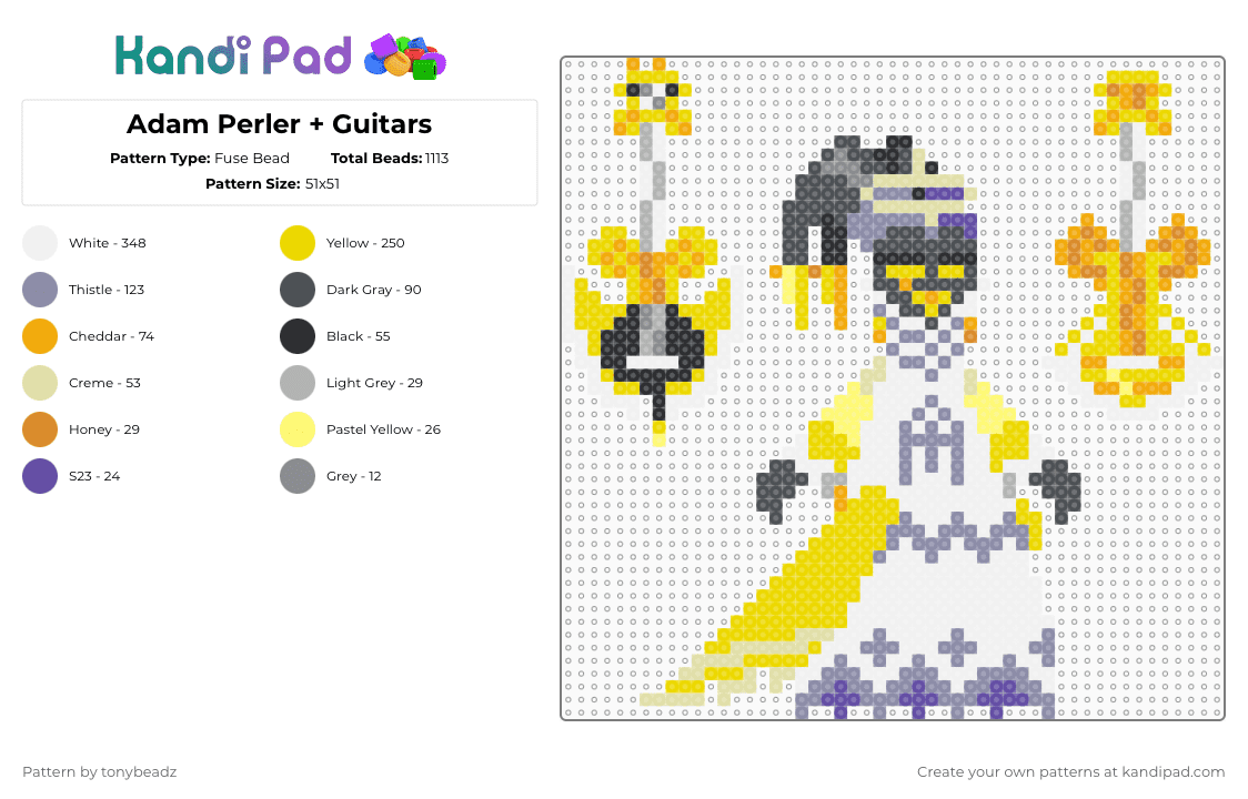 Adam Perler + Guitars - Fuse Bead Pattern by tonybeadz on Kandi Pad - yellow,gray,adam,hazbin hotel,guitar,man idk,angel,hh