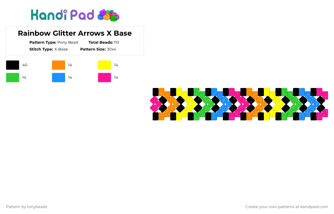 Rainbow Glitter Arrows X Base - Pony Bead Pattern by tonybeadz on Kandi Pad - yellow,light blue,colorful