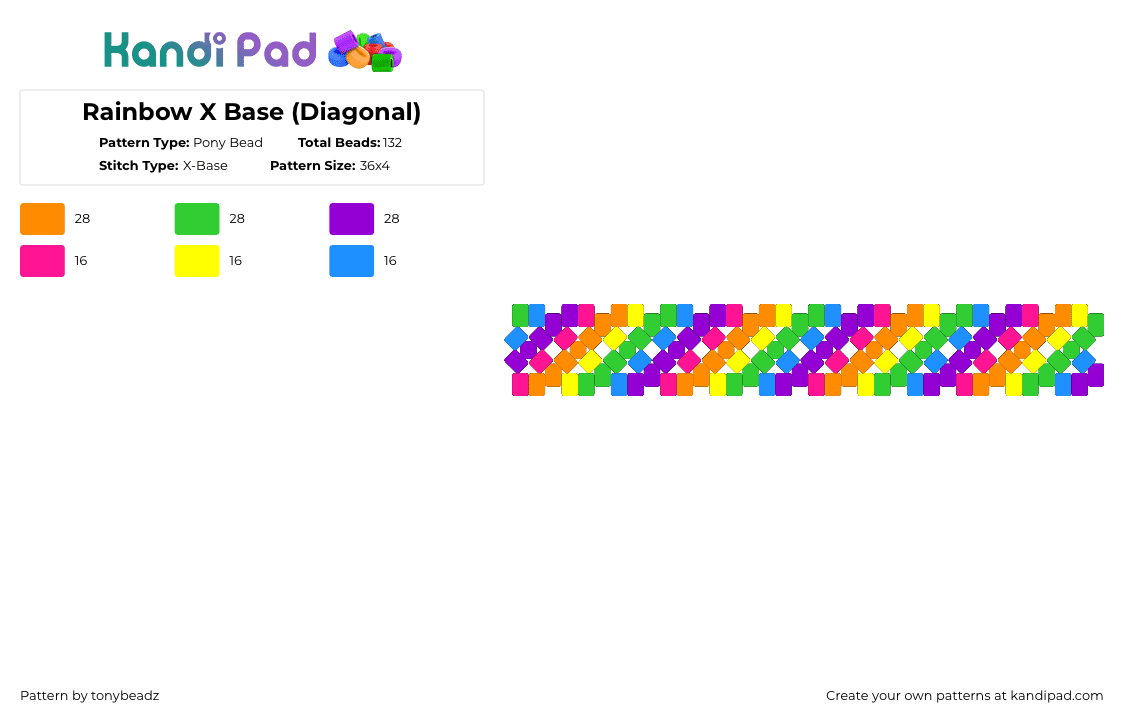 Rainbow X Base (Diagonal) - Pony Bead Pattern by tonybeadz on Kandi Pad - orange,green,purple