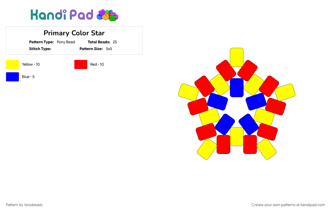 Primary Color Star - Pony Bead Pattern by tonybeadz on Kandi Pad - red, yellow