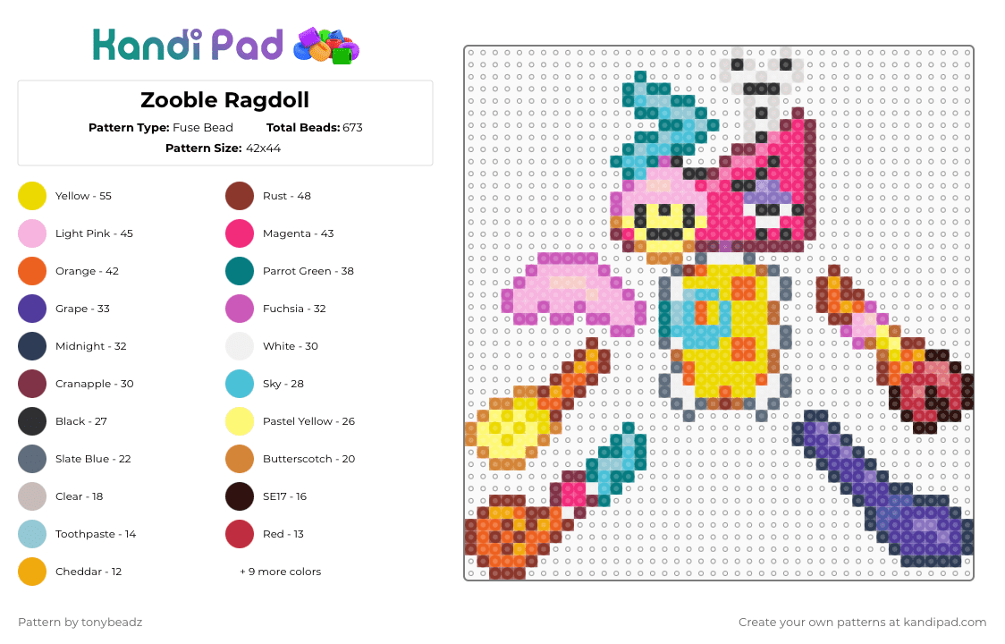 Zooble Ragdoll - Fuse Bead Pattern by tonybeadz on Kandi Pad - pink,orange,brown,colorful