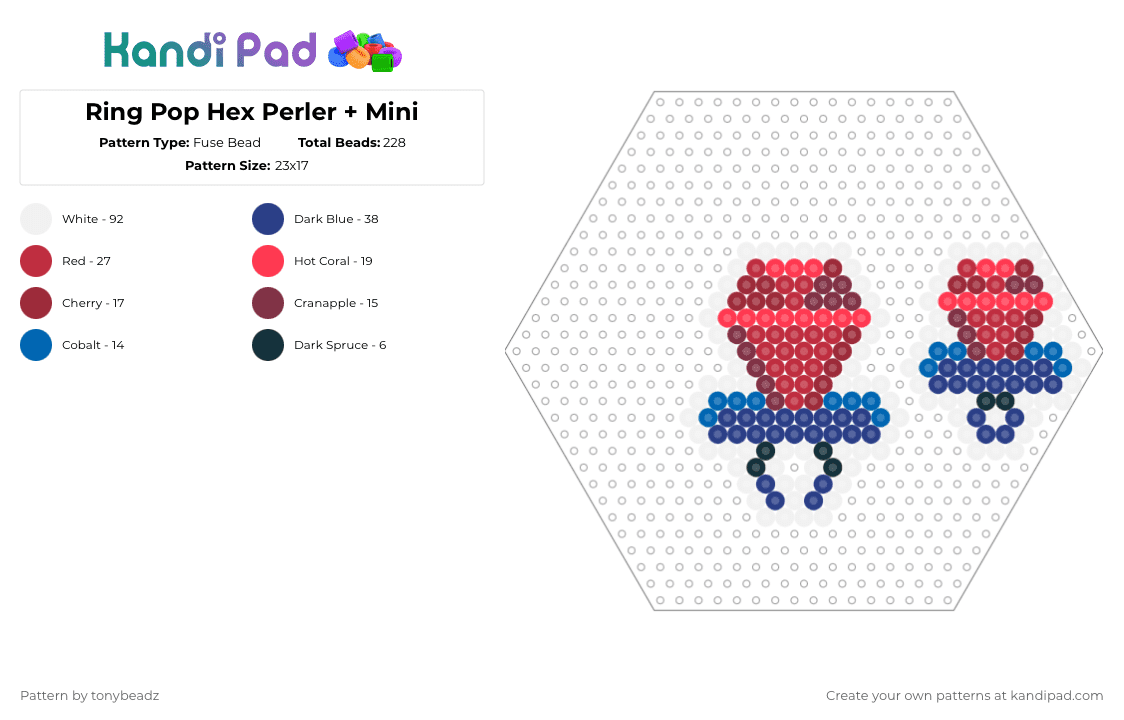 Ring Pop Hex Perler + Mini - Fuse Bead Pattern by tonybeadz on Kandi Pad - red,blue