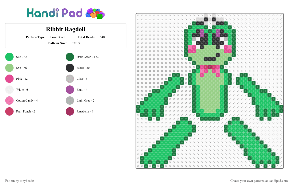 Ribbit Ragdoll - Fuse Bead Pattern by tonybeadz on Kandi Pad - green,frog,tadc,ribbit,ribbit tadc,ragdoll