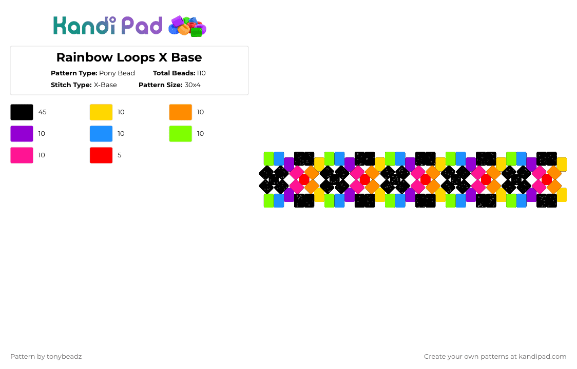 Rainbow Loops X Base - Pony Bead Pattern by tonybeadz on Kandi Pad - orange,light blue,pink,colorful