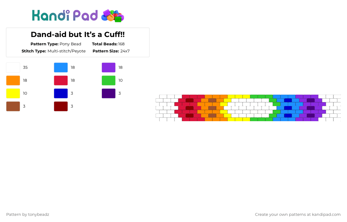 Dand-aid but It’s a Cuff!! - Pony Bead Pattern by tonybeadz on Kandi Pad - light blue,purple,orange,red