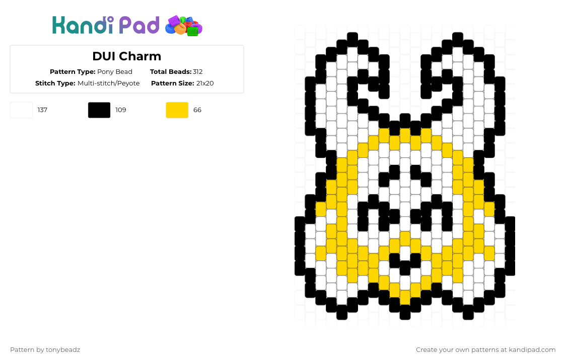 DUI Charm - Pony Bead Pattern by tonybeadz on Kandi Pad - white,yellow