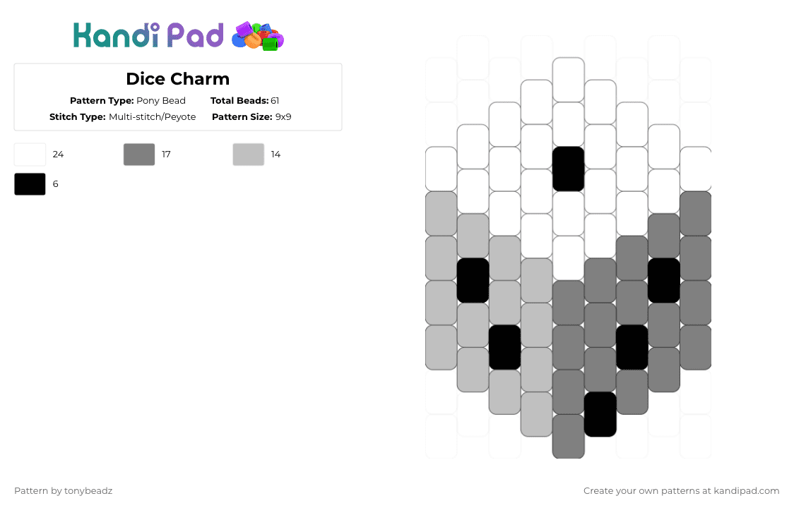 Dice Charm - Pony Bead Pattern by tonybeadz on Kandi Pad - gray,beige
