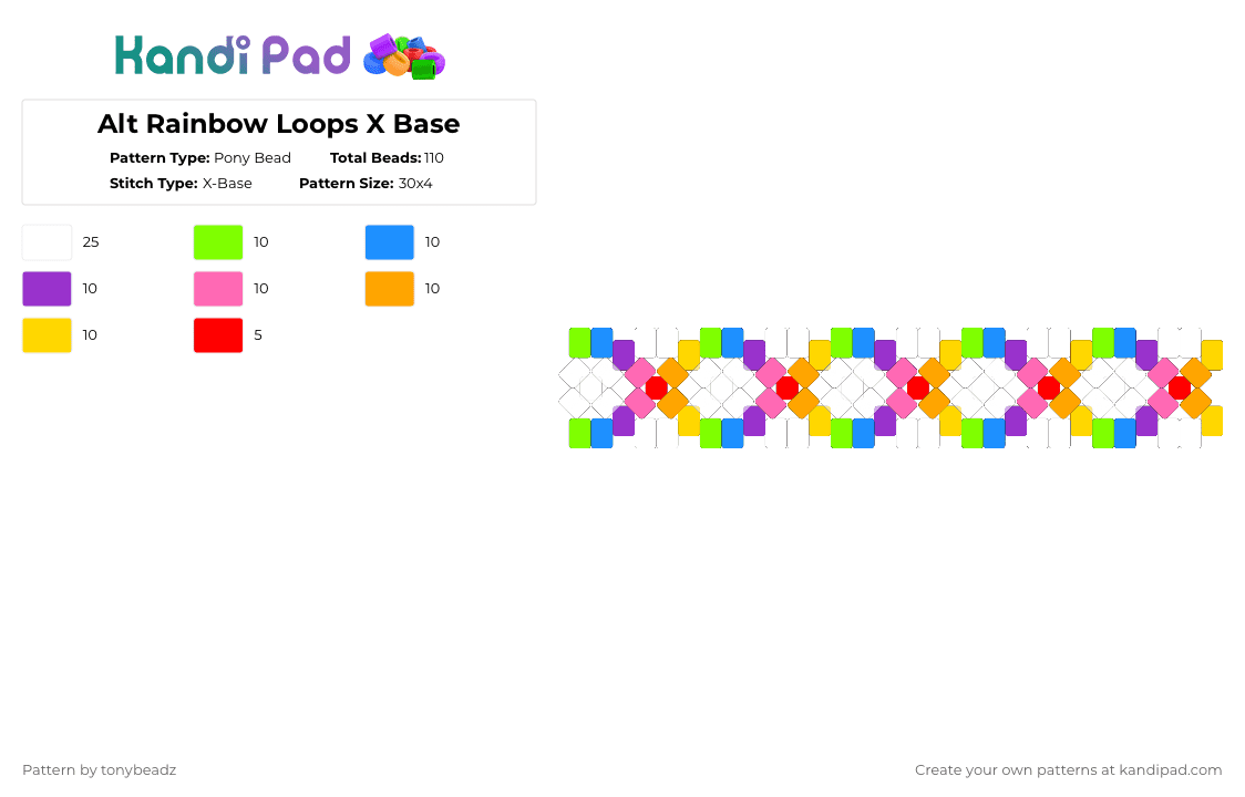 Alt Rainbow Loops X Base - Pony Bead Pattern by tonybeadz on Kandi Pad - white,light blue,pink,yellow,colorful