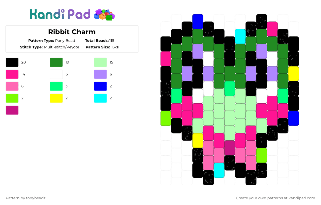 Ribbit Charm - Pony Bead Pattern by tonybeadz on Kandi Pad - teal,green,pink
