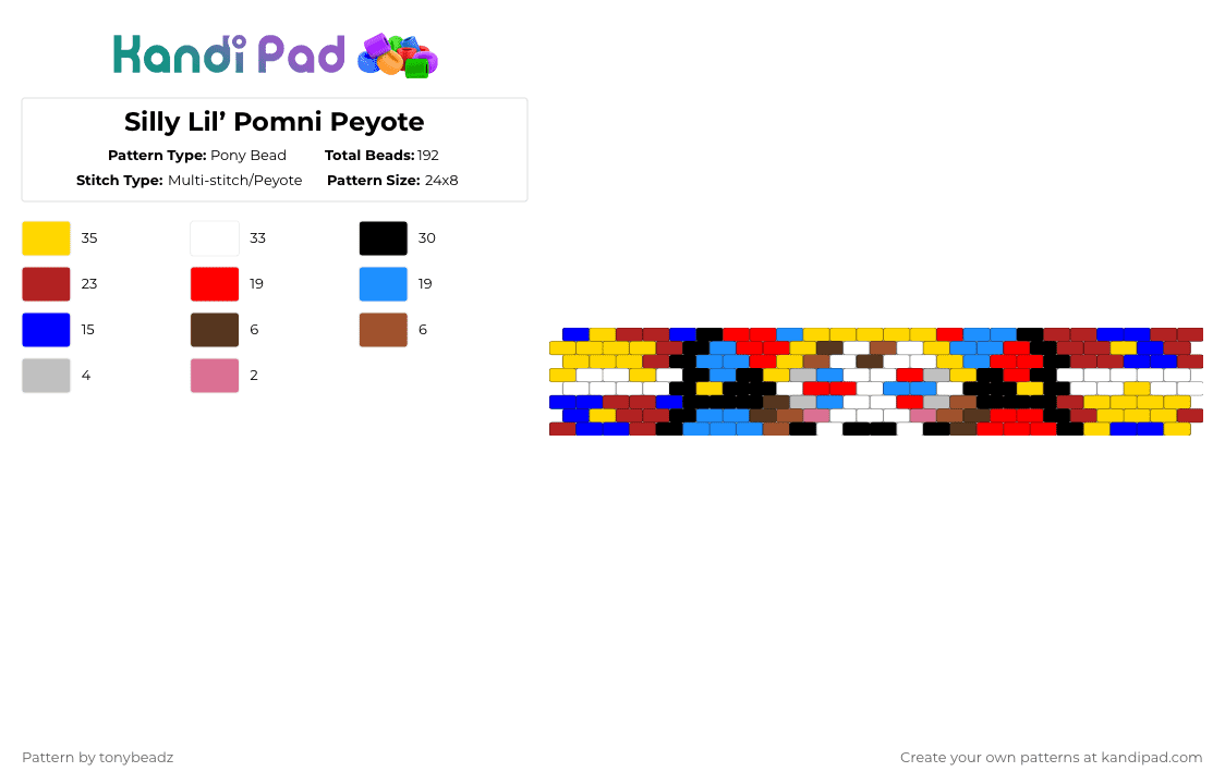Silly Lil’ Pomni Peyote - Pony Bead Pattern by tonybeadz on Kandi Pad - yellow,red,light blue