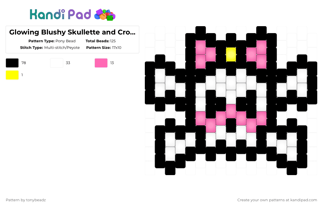 Glowing Blushy Skullette and Crossbones - Pony Bead Pattern by tonybeadz on Kandi Pad - skullette,skull,crossbones,bow,charm,cute,glowing,blushy,halloween,spooky,black,white,pink