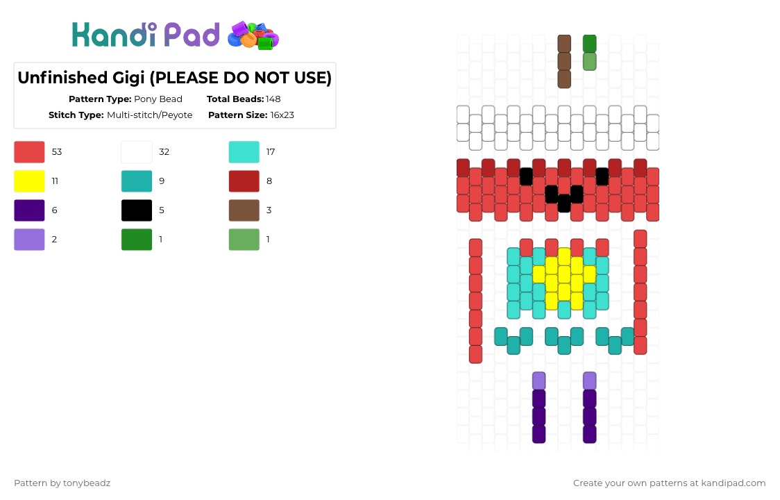 Unfinished Gigi (PLEASE DO NOT USE) - Pony Bead Pattern by tonybeadz on Kandi Pad - red,light blue