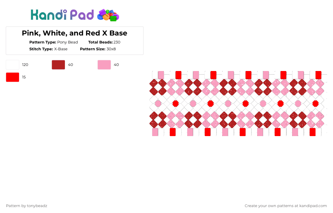 Pink, White, and Red X Base - Pony Bead Pattern by tonybeadz on Kandi Pad - pink,red