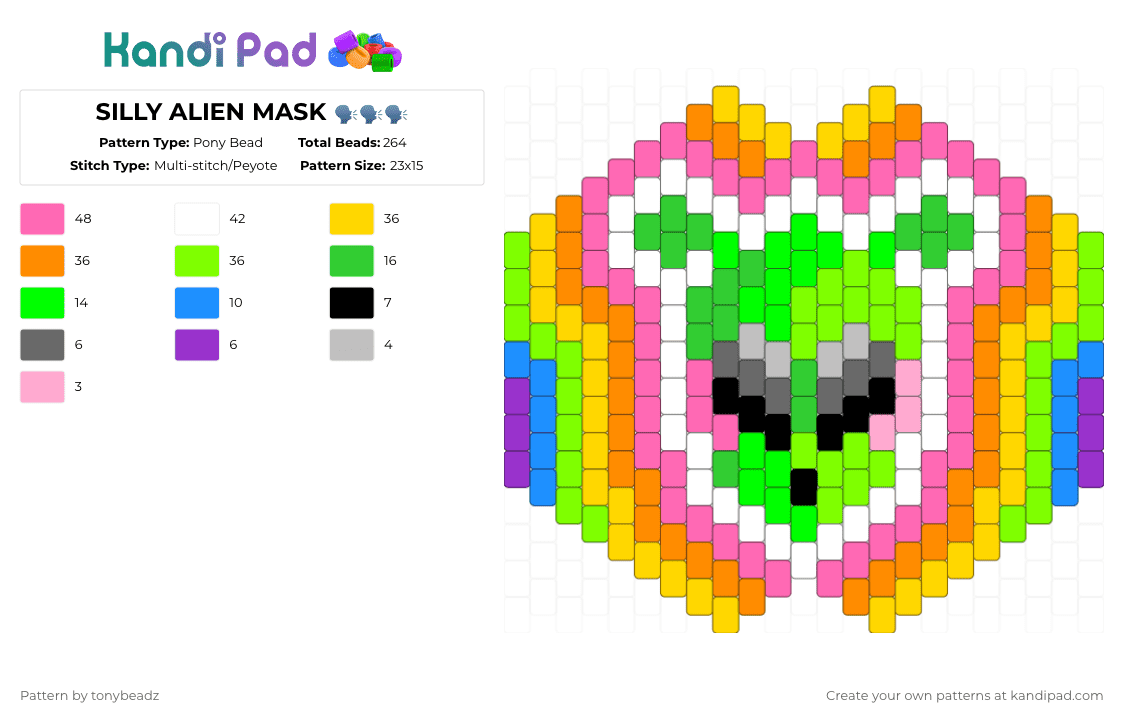 SILLY ALIEN MASK 🗣️🗣️🗣️ - Pony Bead Pattern by tonybeadz on Kandi Pad - alien,mask,trippy,silly,face,cartoon,character,scifi,yellow,pink,orange,green