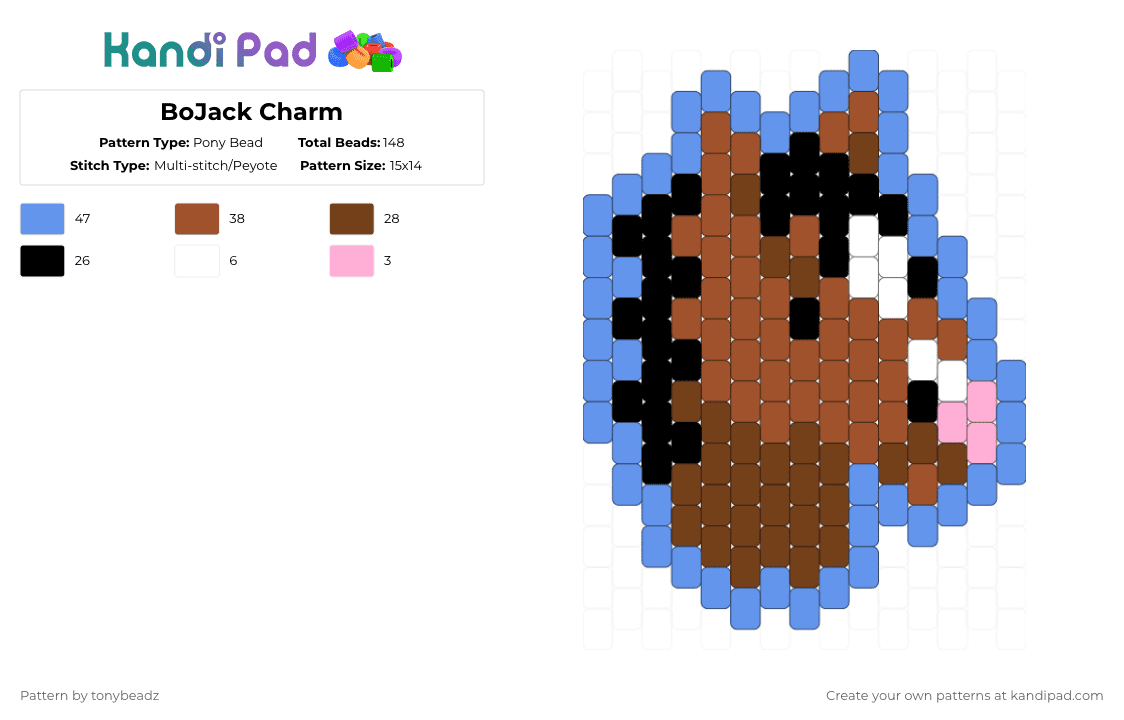BoJack Charm - Pony Bead Pattern by tonybeadz on Kandi Pad - bojack horseman,charm,character,horse,tv show,cartoon,animal,brown,red,light blue