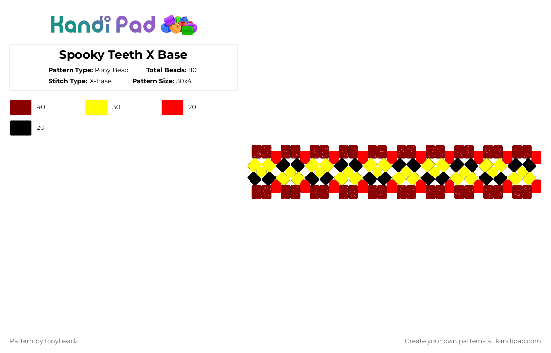 Spooky Teeth X Base - Pony Bead Pattern by tonybeadz on Kandi Pad - red,yellow