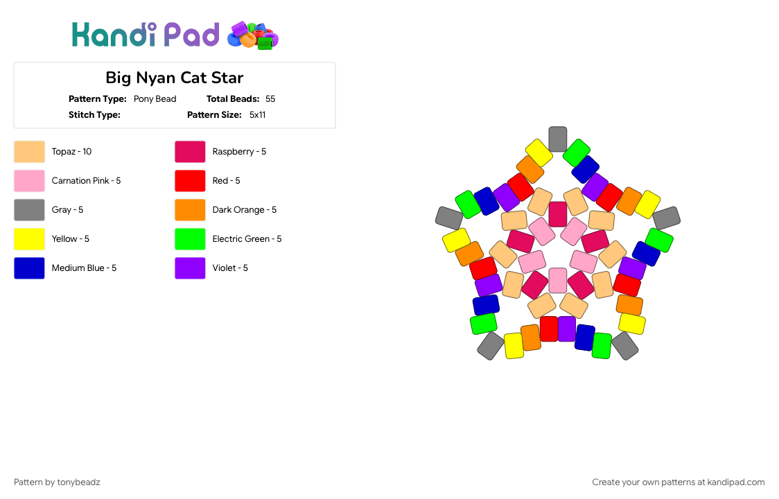 Big Nyan Cat Star - Pony Bead Pattern by tonybeadz on Kandi Pad - orange, purple, red