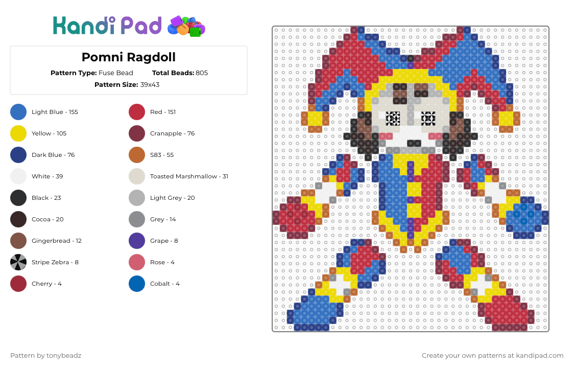 Pomni Ragdoll - Fuse Bead Pattern by tonybeadz on Kandi Pad - brown,blue,red,yellow