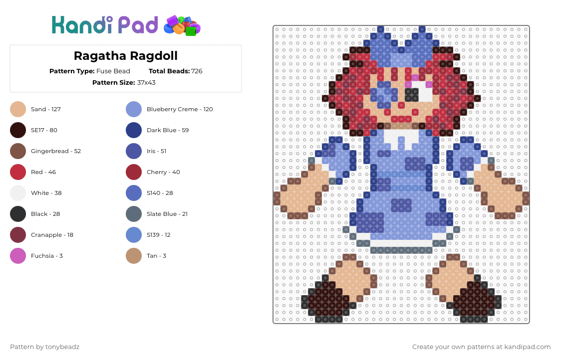 Ragatha Ragdoll - Fuse Bead Pattern by tonybeadz on Kandi Pad - brown,light blue,colorful
