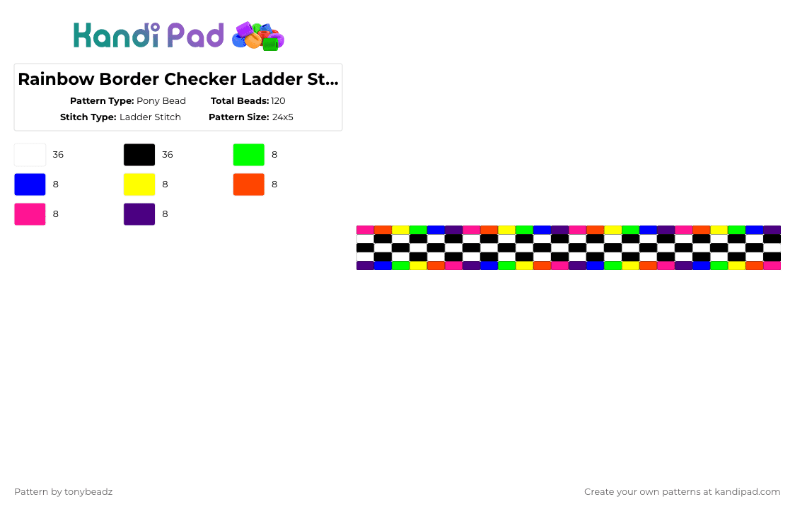 Rainbow Border Checker Ladder Stitch - Pony Bead Pattern by tonybeadz on Kandi Pad - white,purple