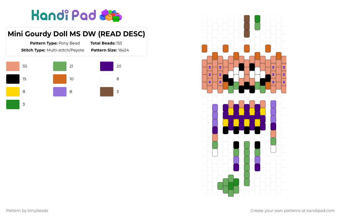 Mini Gourdy Doll MS DW (READ DESC) - Pony Bead Pattern by tonybeadz on Kandi Pad - orange,green,purple