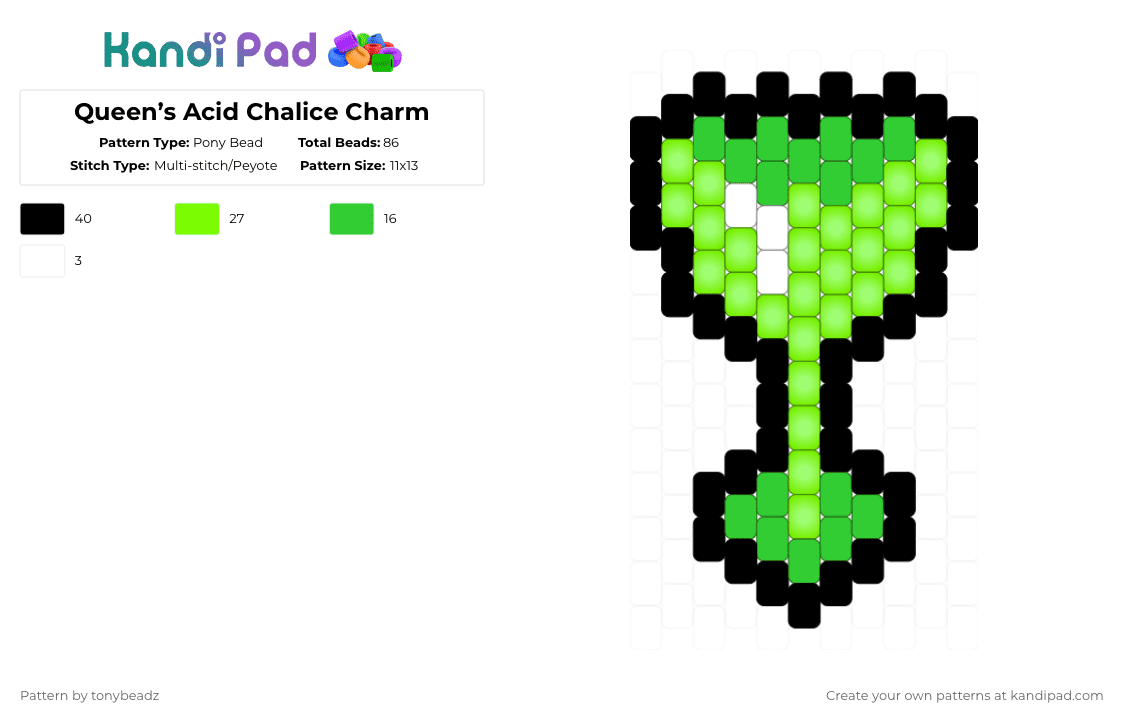 Queen’s Acid Chalice Charm - Pony Bead Pattern by tonybeadz on Kandi Pad - green,queen,cyber,deltarune,toby fox,lmao,acid,family guy funny moments
