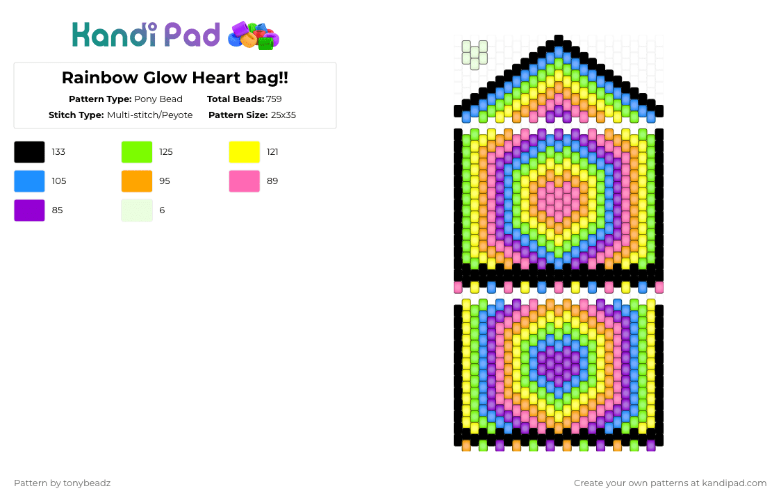 Rainbow Glow Heart bag!! - Pony Bead Pattern by tonybeadz on Kandi Pad - light blue,green,yellow,orange