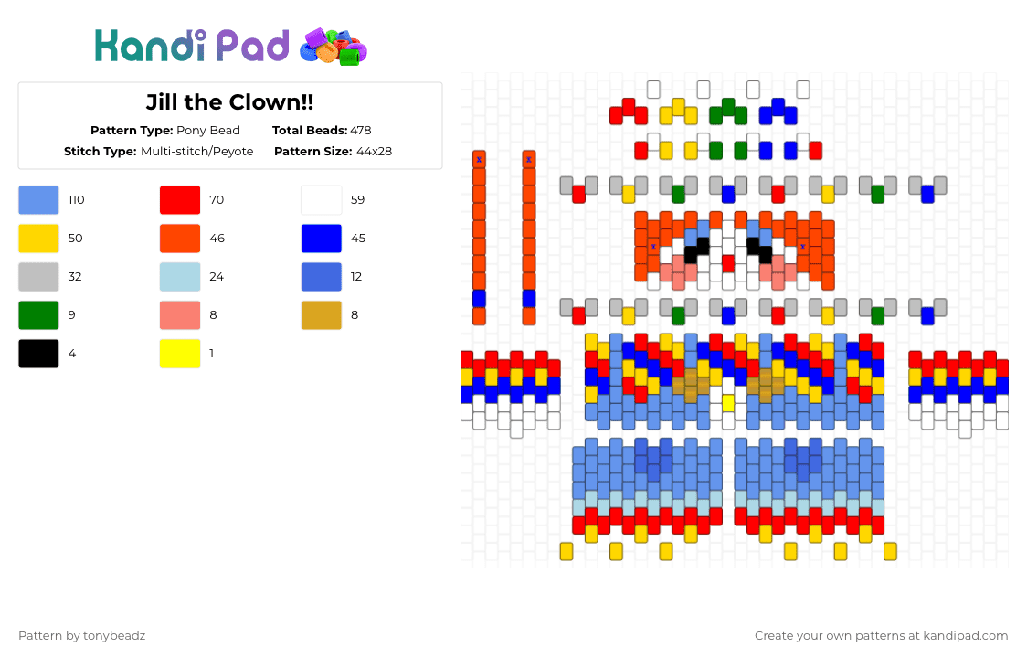 Jill the Clown!! - Pony Bead Pattern by tonybeadz on Kandi Pad - red,yellow,light blue